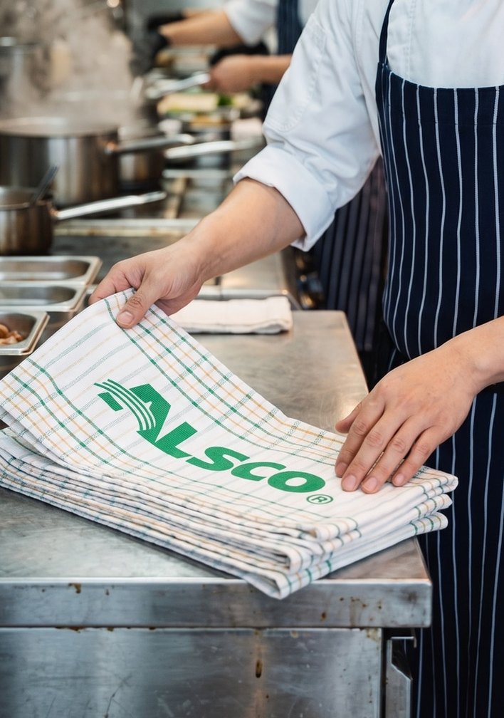 Chef in a striped apron folding a stack of Alsco tea towels on a stainless steel kitchen bench