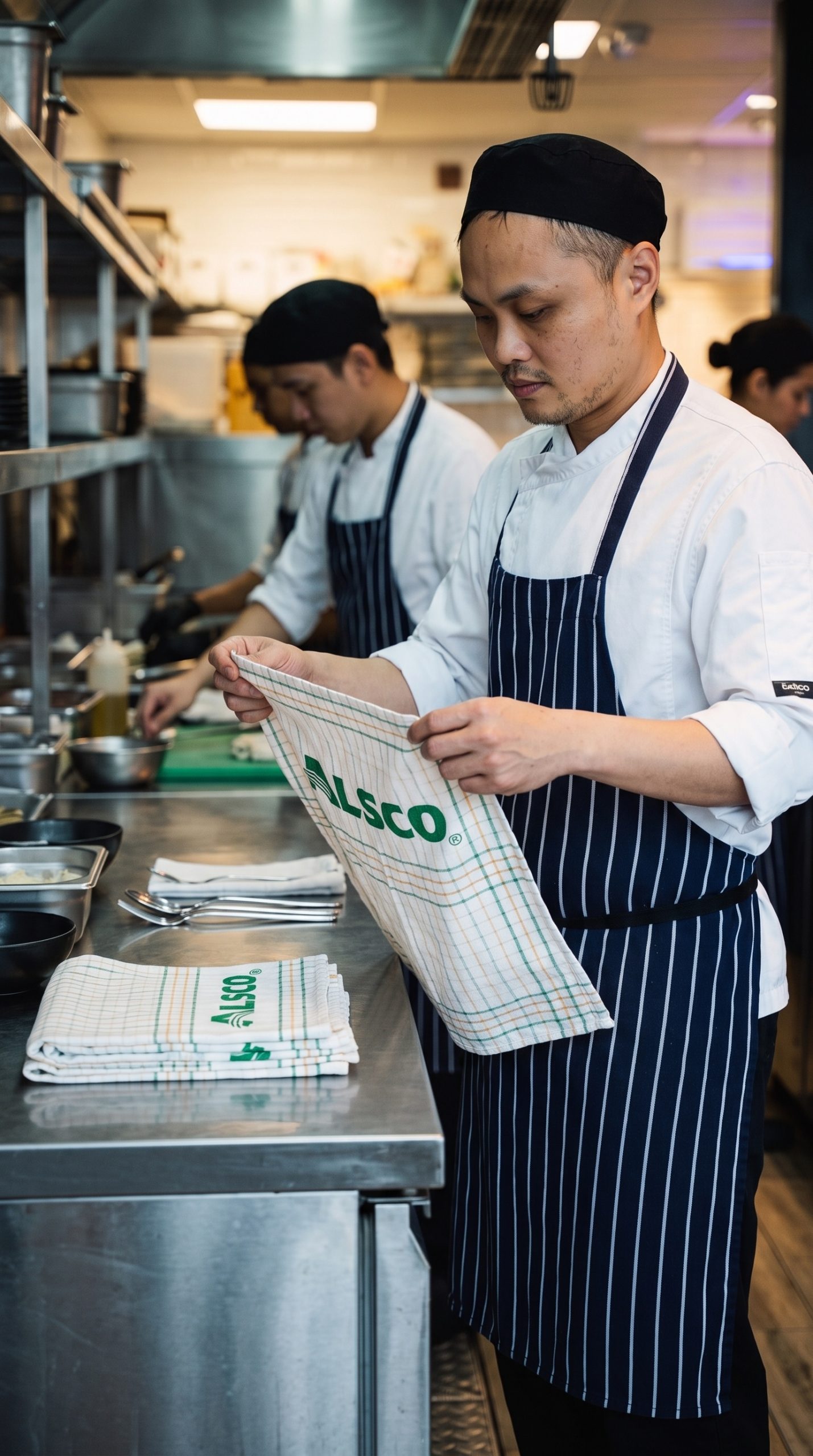 Sol and Ora chefs in white coats and Alsco aprons
