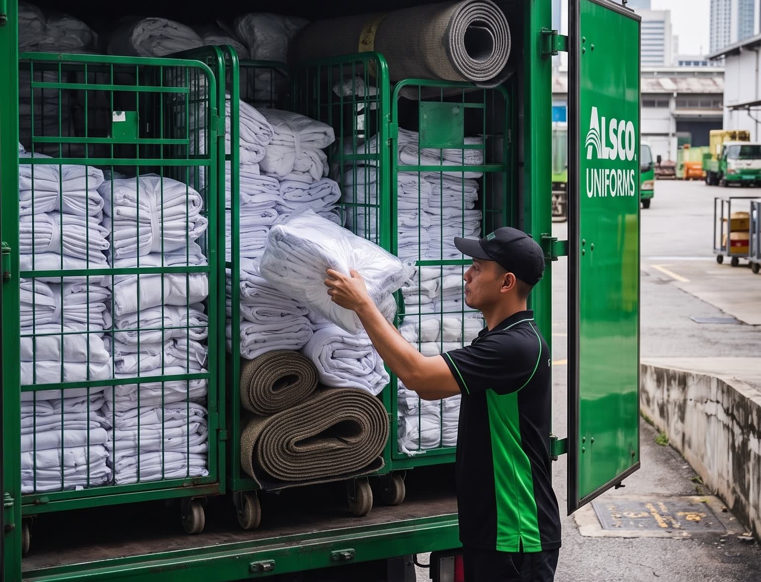 Alsco Uniforms driver loading fresh linen into green roll cages inside an Alsco delivery truck