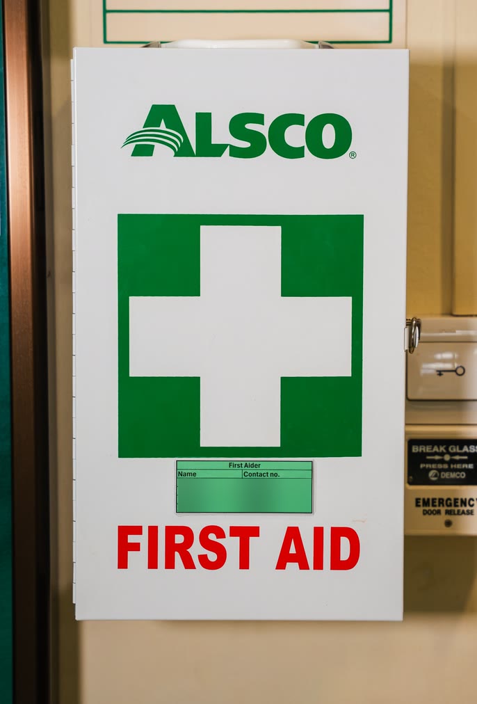 Alsco first aid cabinet with a green cross sign mounted on a workplace wall